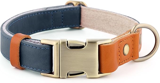 Plutus Pet Genuine Leather & Hemp Dog Collar – Adjustable Heavy Duty Pet Collar with Quick Release Metal Buckle, Soft & Stylish for Puppy and Small, Medium, Large Dogs (Blue, S)