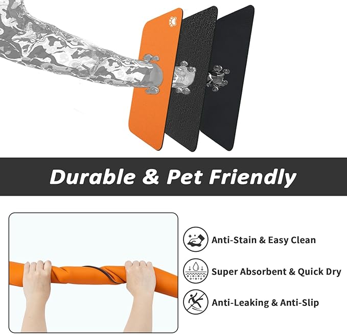 Dog Food Mat - Absorbent Cat Mat for Food and Water, No Stains Pet Feeding Bowl Mat, Easy to Clean Pet Placemats, Quick Dry Dog Water Dispenser Mat for Messy Drinkers | Paw Orange 18"x34"