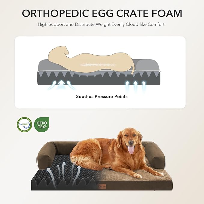 Orthopedic Dog Beds for Large Sized Dogs, Waterproof Egg Crate Foam Large Dog Couch Beds with Comfy Bolster 36x27Inch, Washable Pet Beds with Removable Cover and Nonskid Bottom, Brown