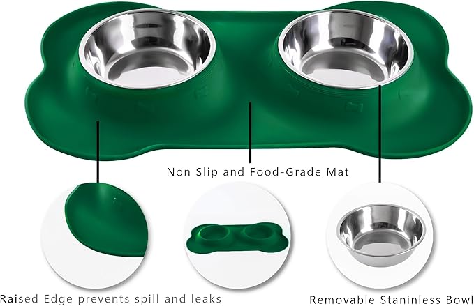 Hubulk Pet Dog Bowls 2 Stainless Steel Dog Bowl with No Spill Non-Skid Silicone Mat + Pet Food Scoop Water and Food Feeder Bowls for Feeding Small Medium Large Dogs Cats Puppies (Medium, Hunter Green)
