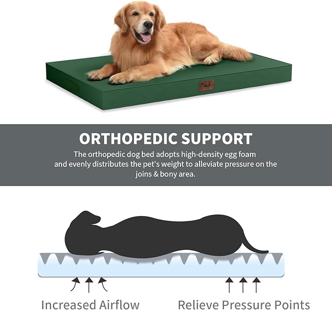 Outdoor Extra Large Dog Bed, Jumbo Waterproof Dog Bed for Large Dogs, Orthopedic Egg Crate Foam Pet Mat with Removable Oxford Cooling Cover, Dark Green