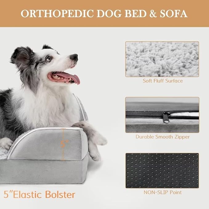 Comfort Expression Orthopedic Dog Bed for Extra Large Dogs 45x35 Inch, Waterproof Egg Crate Foam XL Pet Bed with Removable Bolsters, Dog Couch with Washable Cover & Non-Slip Bottom, Grey White