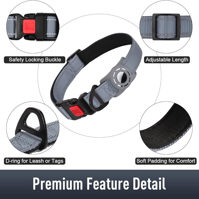 Airtag Dog Collar with AirTag Holder for Puppy Small Dogs, Reflective, Soft Padded & Safety Locking Buckle, Nylon Pet Collars Adjustable for All Breeds, Grey,XS