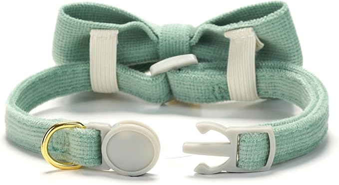 2 Pack Soft Corduroy Cat Collars with Bow Tie & Bell Adjustable Breakaway Bowtie Kitten Collar for Girl Boy Kittens(Pink & Grass Green)