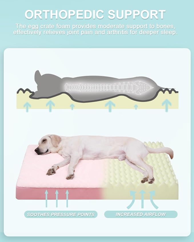 KSIIA Orthopedic Dog Bed - Waterproof & Washable with Removable Cover, Deluxe Plush Egg Crate Foam Design for Large Dogs, 47x29 Inch Pink Dog Crate Bed