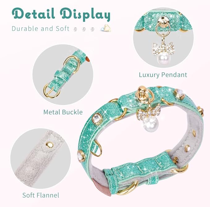 PetsHome Cat Collar, Dog Collar, [Bling Rhinestones] PU Leather Adjustable Pet Collar with Luxury Pendant for Big Cat and Small to Medium Dog Small Mint Green