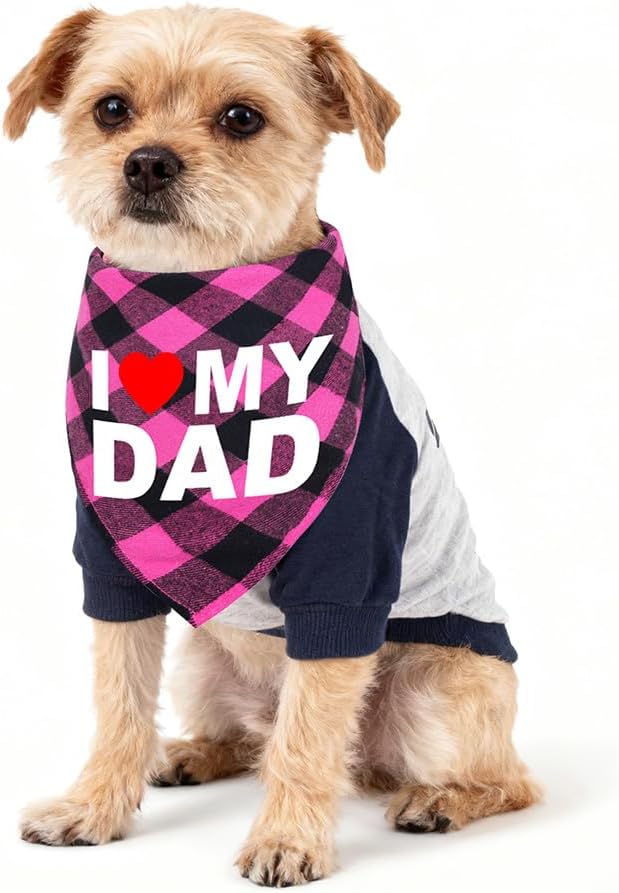 GreenJoy Cute Plaid Dog Bandana – Washable Pet Triangle Scarf for Small, Medium, Large Dogs and Cats, Adjustable Pet Accessory for Birthday, Wedding and Christmas (Pink (I Love My Dad), Large)