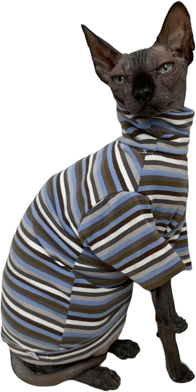 Vintage Stripes Sphynx Hairless Cats Shirt Cotton Cat Turtleneck Pet Clothes Kitten T-Shirts with Sleeves for Sphynx Cats (Storm, Large)