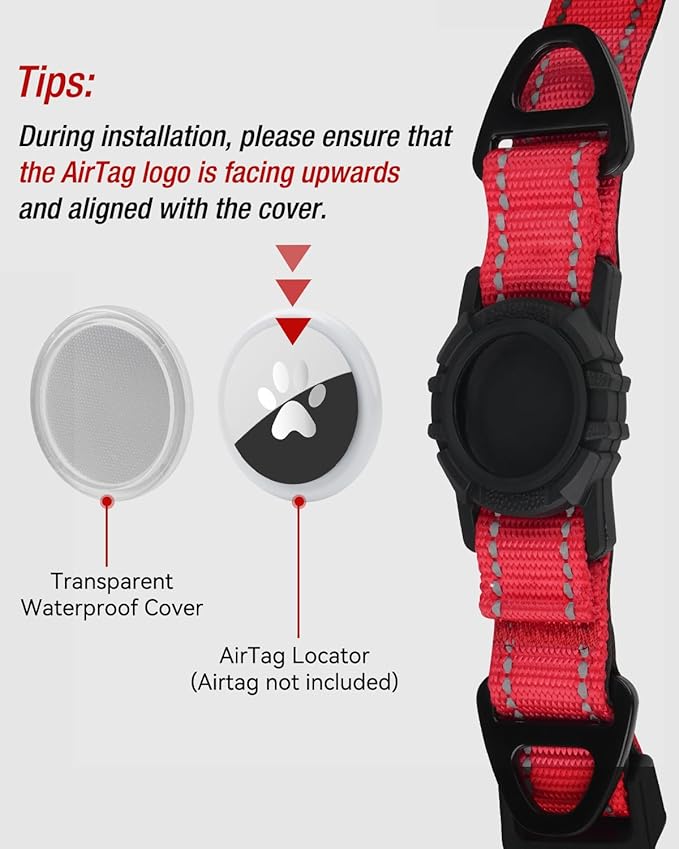 Joytale Airtag Dog Collar, Reflective Pet Collar with Waterproof AirTag Holder, Dual D-Rings, Soft Padded Adjustable for Extra Large Dogs, Red, XL