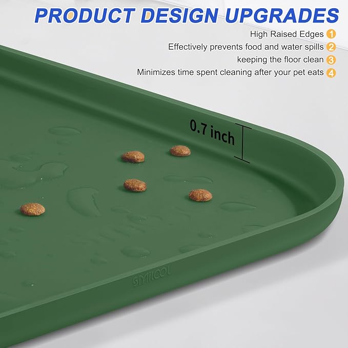 Silicone Pet Feeding Mat with Raised Edge for Food and Water, Dog Bowl Mats, Cat Bowls Placemat with High Lip for Floor Waterproof, Rubber Tray for Cats and Dogs 19 x 12 x0.7 Dark Olive