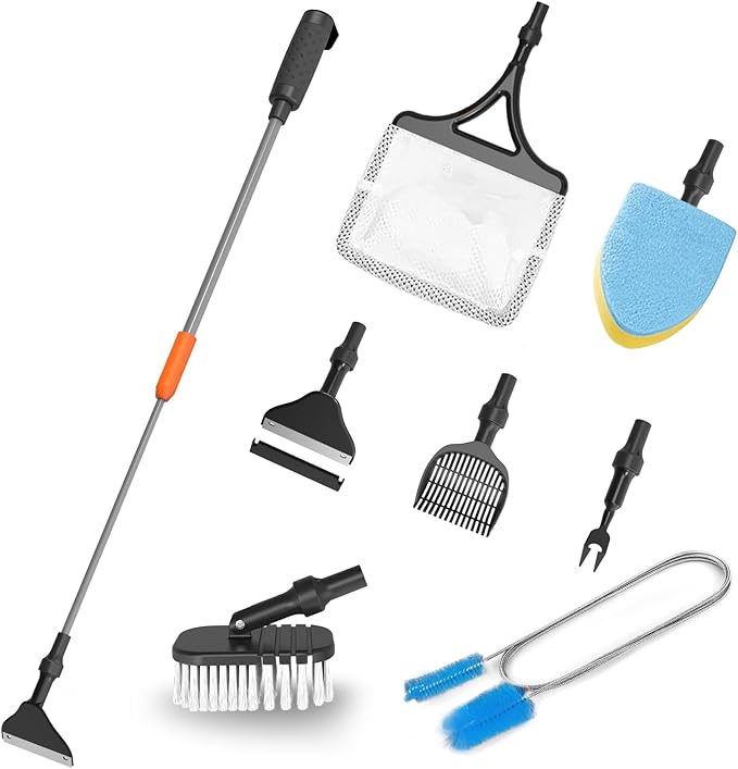 SEAOURA 7-in-1 Aquarium Cleaning Tool, Fish Tank Cleaner with Telescopic Handle,Aquariums Scraper,Adjustable Angle Brush,Gravel Rake,Plant Fork, Flat Sponge,Large Fishes Net,Hose Brushes