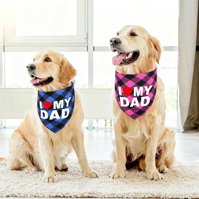 GreenJoy Cute Plaid Dog Bandana – Washable Pet Triangle Scarf for Small, Medium, Large Dogs and Cats, Adjustable Pet Accessory for Birthday, Wedding and Christmas (Blue (I Love My Dad), Medium)