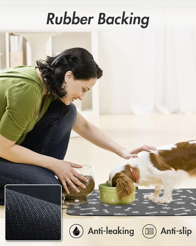 MontVoo Dog Food Mat-Large Pet Feeding Mat for Food and Water-No Stains Quick Dry Dispenser Cat Bowl Mat for Messy Drinkers(23"X34" Dark Grey)