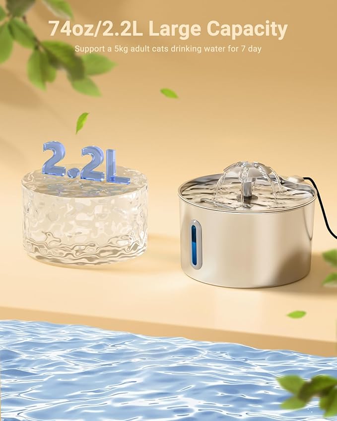 Cat Water Fountain Stainless Steel - 74oz/2.2L Pet Gift Dog Water Dispenser Automatic Silent Cats Dispenser for Drinking Indoor Metal Kitty Spout Fountains with 3 Filters & 3 Sponges Cat Dogs Gifts