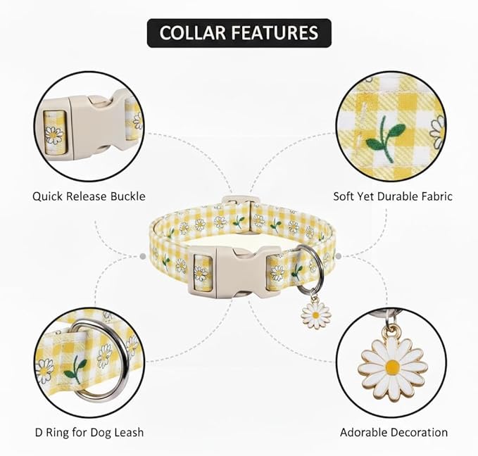 Cute Dog Collar, Yellow Plaid Dog Collar with White Floral Pattern, Spring Summer Design Floral Collar for Girls Boys Small Dogs