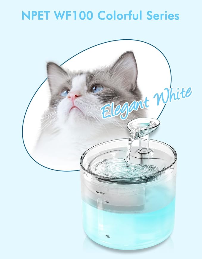 NPET WF100 Cat Fountain, 54oz/1.6L Automatic Pet Water Fountain Dog Water Dispenser with LED Light Quiet Pump for Cats & Small Dogs(Fountain+8 Filters +8 Sponges, White)