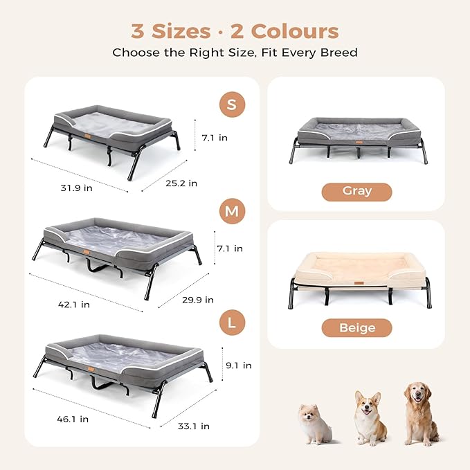 Lekereise Raised Dog Bed for Small Dog 32x25 Inch, Comfortable Orthopedic Pet Beds with Egg Crate Foam, Removable Dogs Couch Bed for Indoor Outdoor, Load 40lb, Grey