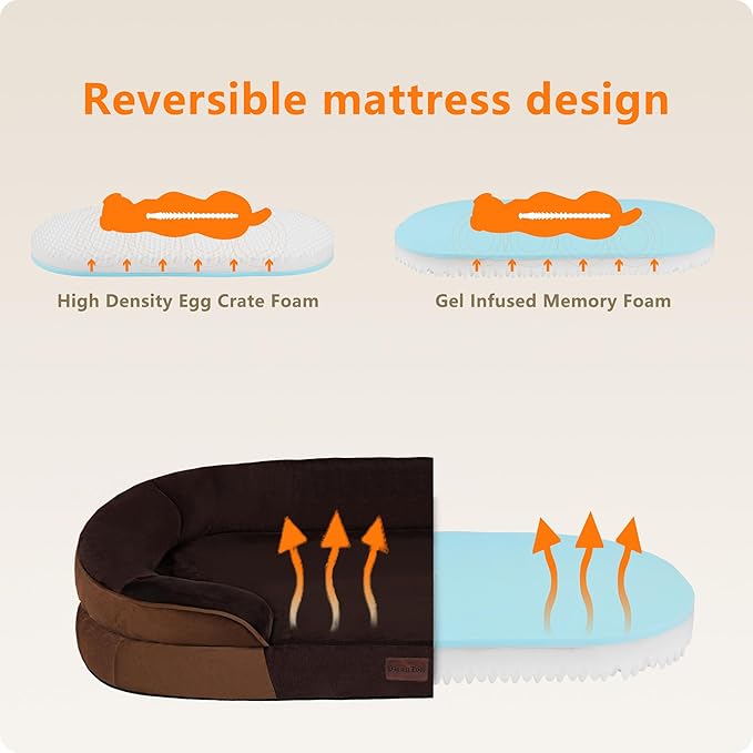 Dwanton Orthopedic Dog Bed for Medium Dogs with Gel Memory Foam, Waterproof Dog Sofa, Washable Pet Bed with Four Sided Bolster Cushion, Removable Cover & Non-Slip Bottom, 35", Brown