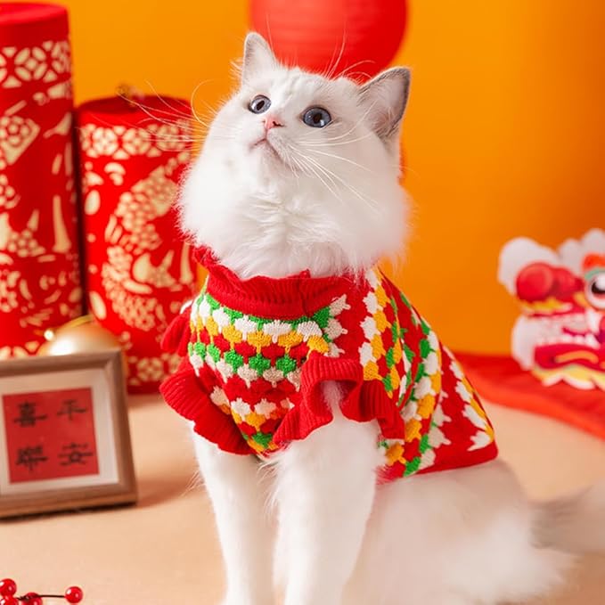 Small Dog Sweater, Knitted Tulip Cat Sweater, Warm Thick Holiday Puppy Clothes for Dogs Girl,Cold Weather Outfit for Kitten Chihuahua Yorkie Teacup Dachshund Pug (Red, Small)