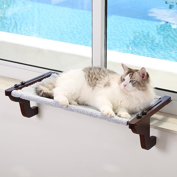Zakkart Easy Seat Cat Perch for Window Sill - Hammock Design w/Premium Wood & Robust Metal Frame - Cat Window Seat for Large Cats and Kittens (Dark Stained Wood w/Gray Bed, Large (26''W x 14''D))