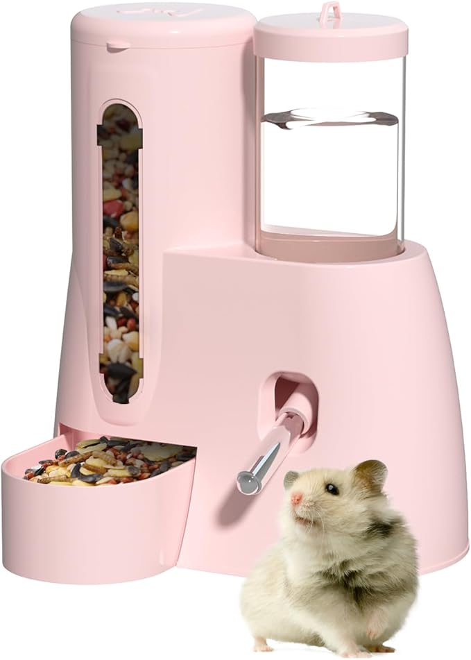 2 in 1 Hamster Water Bottle - Automatic Food Bowl, No Drip Small Animal Water Bottle Dispenser, for Syrian Dwarf Hamsters, Gerbils, Mouse, Hedgehog, Hamster Cage Accessories (Pink, Large)