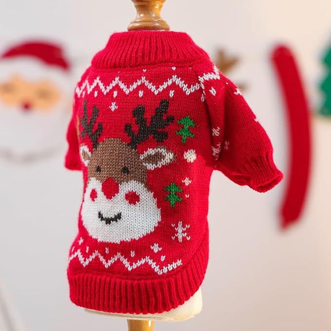 Christmas Dog Outfit Red Puppy Sweater for Small Dogs Girl Boy Elk Snowflake Cat Knitwear Reindeer Knitted Pet Clothes Santa Deer Costume for Chihuahua Yorkie Poodle (Red-2, Large)