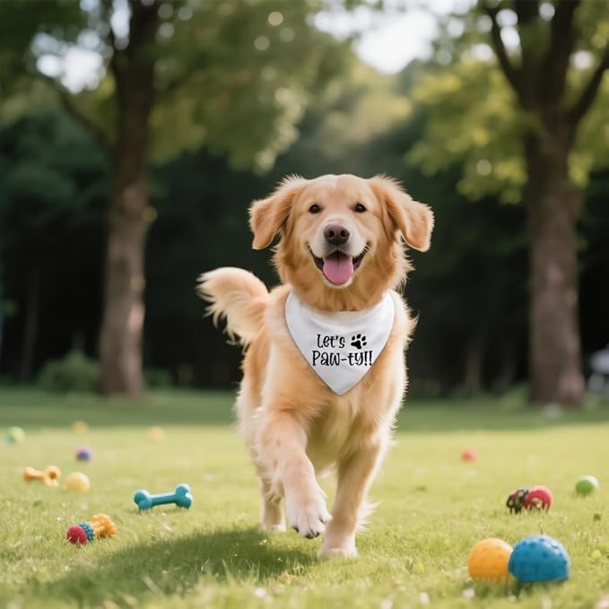 Let's Paw-ty White Dog Bandana, Cute Pet Birthday Bandana Gifts for Dog Lover Pet Owner, Pup Scarf Accessory Decoration Photo Shoot for Pup Adoption Celebration Doggie Playdate Birthday Party