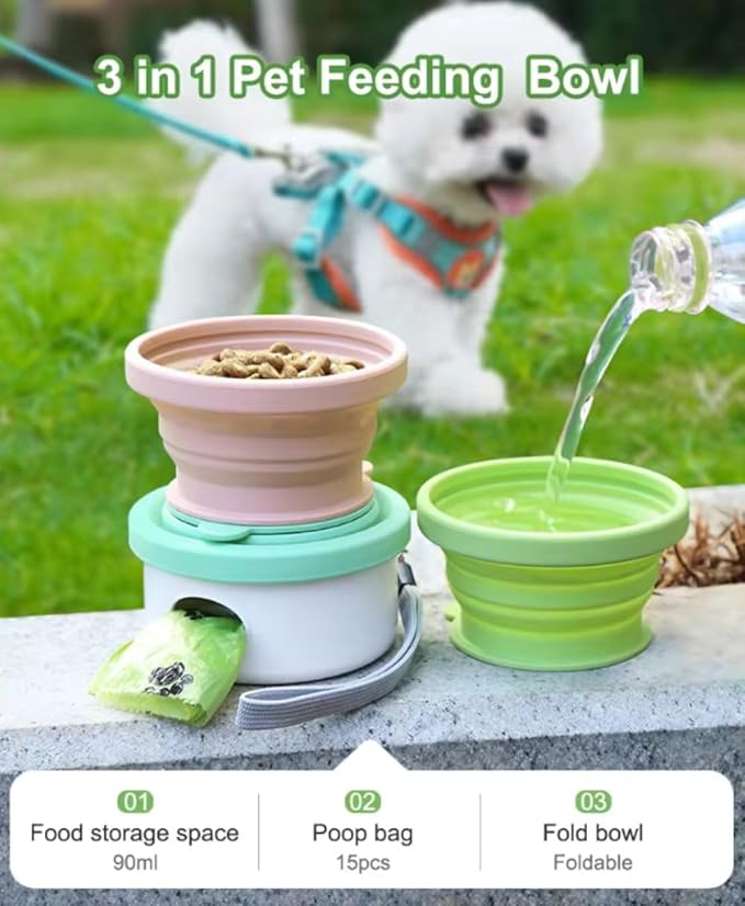 3 in 1 Collapsible Dog Bowl, Treat Container, Poop Bag Holder with 1 Roll Poop Bags – Practical Silicone Dog Bowl – Durable Pet Bowls for Travel Essentials, Daily Walks (Green)