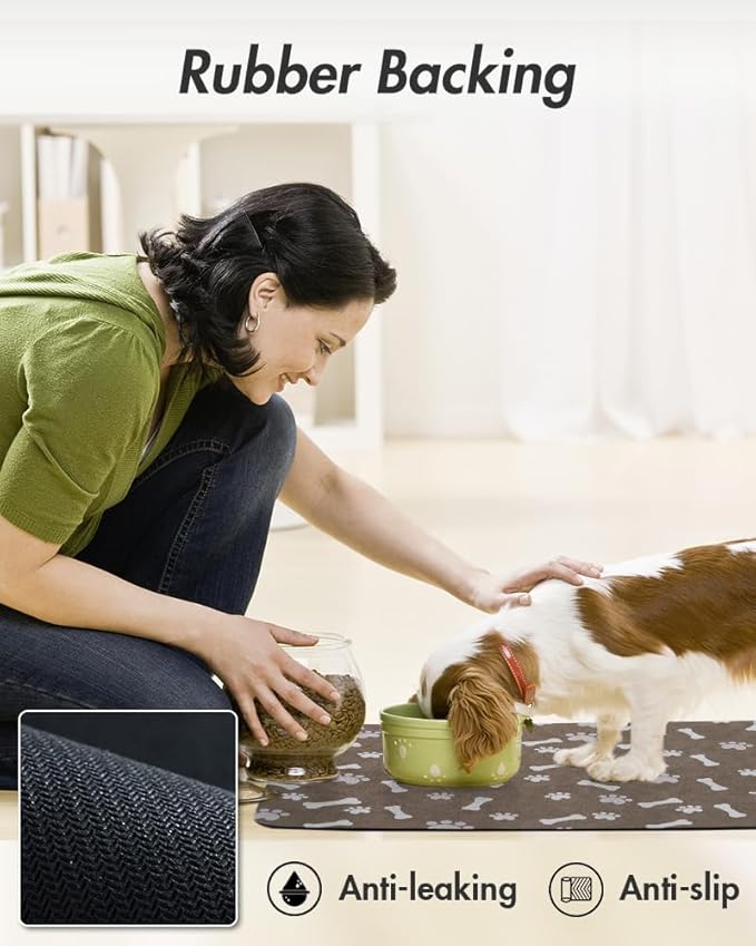 MontVoo Dog Food Mat-Pet Feeding Mat for Food and Water-No Stains Quick Dry Dispenser Cat Bowl Mat for Messy Drinkers(14"x22" Brown)