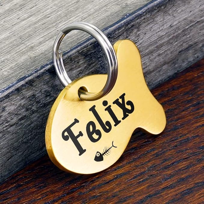 Ultra Joys Cat ID Tag Personalized Pet Tags, Durable Stainless Steel Small Pet Mini Dog Cat Tag Lightweight -Fish Tag in Gold