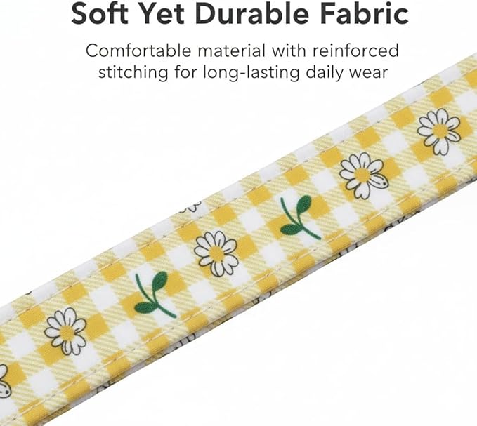 Cute Dog Collar, Yellow Plaid Dog Collar with White Floral Pattern, Spring Summer Design Floral Collar for Girls Boys Extra Small Dogs, Yellow Checkered Daisy, XS
