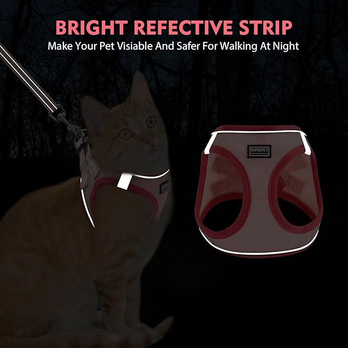 Cat Harness and Leash Set, Soft and Breathable Vest with Reflective Strip, Escape Proof Kitten Harness, Easy to Wear for Cats Walking and Traveling (Red, XS)