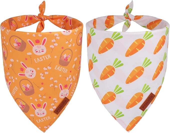 PTDECOR Easter Dog Bandana 2 Pack, Reversible Rabbit Carrot Dog Scarf, Multi Size Offered, Yellow White Easter Bandanas for Extra Large Dogs (X-Large)