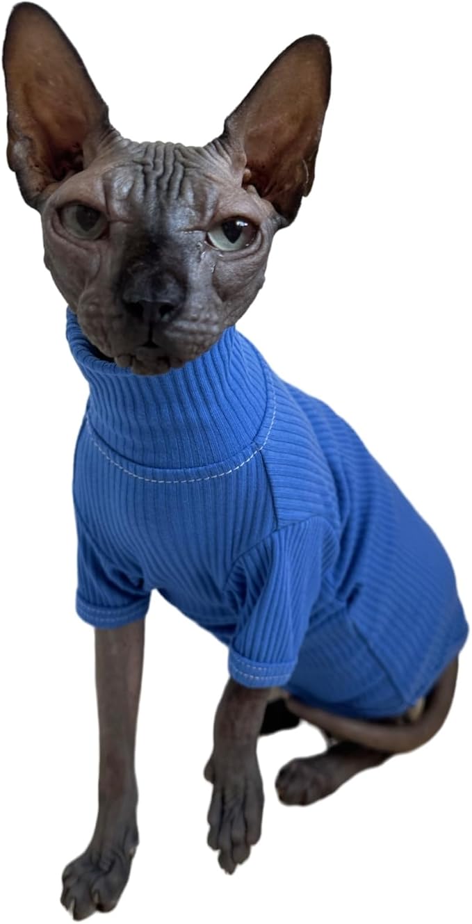 Sphynx Cats Shirt Cat Turtleneck Cotton Sweater Pullover Kitten T-Shirts with Sleeves Cat Pajamas Jumpsuit for Sphynx Cornish Rex, Devon Rex, Peterbald (Large (Pack of 1), Deep Blue)