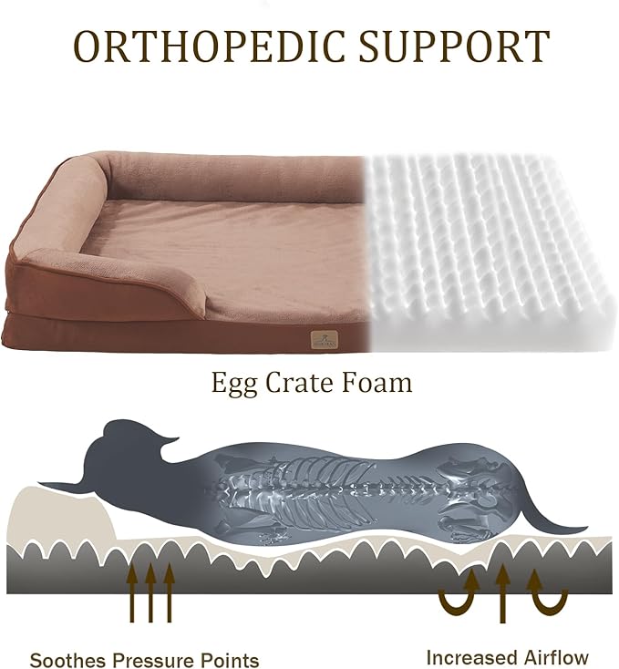 Bedfolks Orthopedic Dog Bed, Waterproof Dog Sofa Bed for Large Dogs, Egg Foam Pet Couch Bed with Removable Washable Cover and Nonslip Bottom, Brown