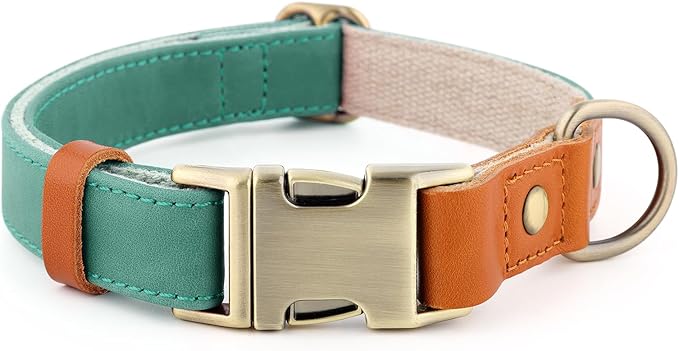 Plutus Pet Genuine Leather & Hemp Dog Collar – Adjustable Heavy Duty Pet Collar with Quick Release Metal Buckle, Soft & Stylish for Puppy and Small, Medium, Large Dogs (Green, L)