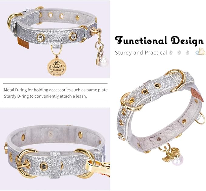 PetsHome Cat Collar, Dog Collar, [Bling Rhinestones] PU Leather Adjustable Pet Collar with Luxury Pendant for Big Cat and Small to Medium Dog Small Silvery