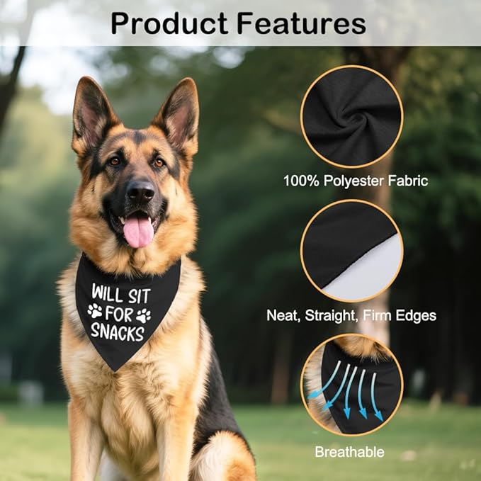 Will Sit for Snacks Black Dog Bandana, Puppy Scarf Accessory Photo Prop for Dogs Lover, Funny Quotes Birthday Puppy Scarf Accessory, Mother's Day Birthday for Dog Mom Dad