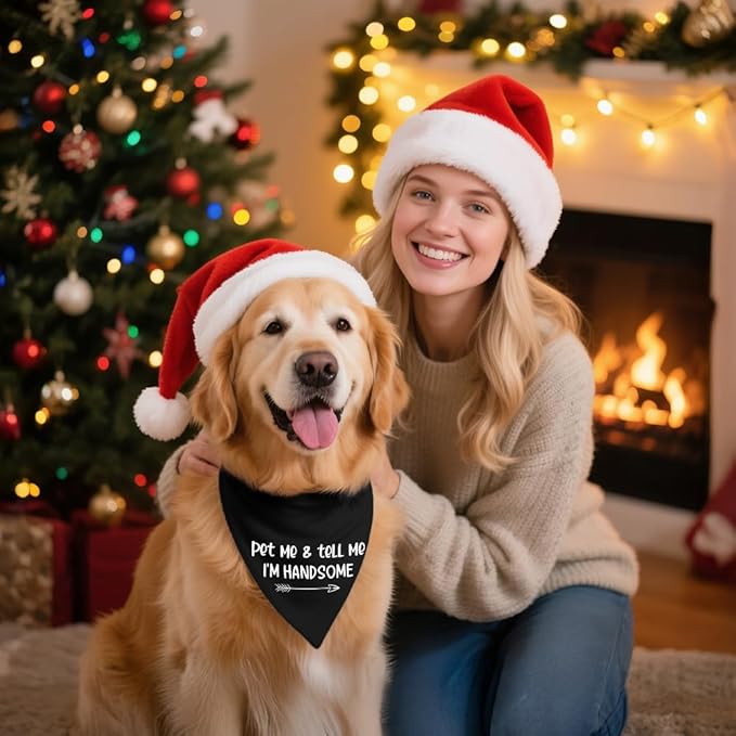 Pet Me and Tell Me I'm Handsome Black Dog Bandana, Humor Cute Puppy Scarf Accessory Photo Prop, Pretty Puppy Scarf Gifts for Dogs Lover, Birthday for Dog Mom Dad