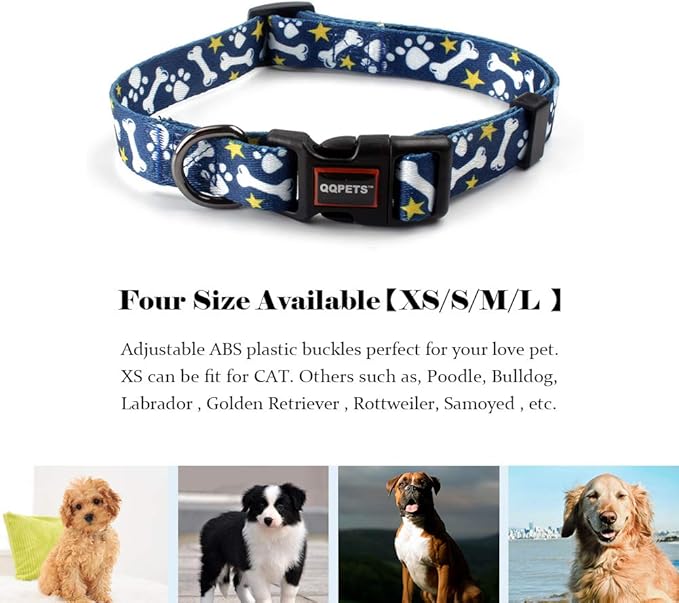 QQPETS Adjustable Soft Dog Collar: Print Flower Pink Multicolor Cute Patterns for XS Small Medium Large Pet Girl Boy Puppy Walking Running Training (XS, Bone)