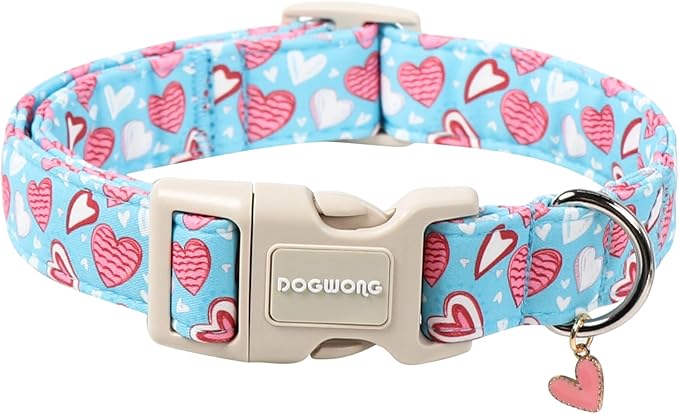 DOGWONG Blue Heart Dog Collar, Cute Valentine Collar, Valentine's Day Dog Collar with Strong Plastic Buckle for Small Medium Large Dogs,M