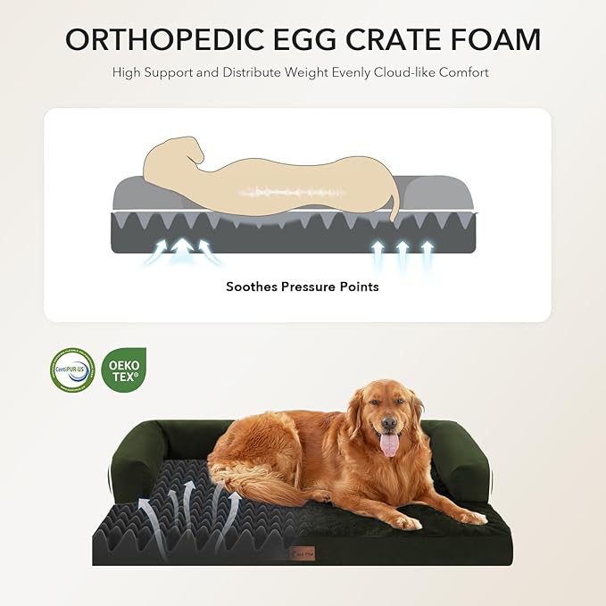 Orthopedic Dog Beds for Extra Large Dogs, Waterproof Egg Crate Foam XL Dog Bed with Sides 48x30Inch, Big Dogs Couch Beds with Removable Washable Cover and Nonskid Bottom, Olive Green