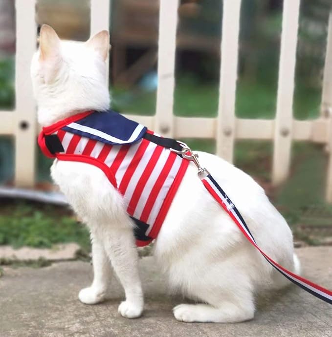 Cat Harness and Leash for Walking Escape Proof, Adjustable Cat Vest Harness, Padded Stylish Cat Walking Jackets, Sailor Suit Red, Extra Large