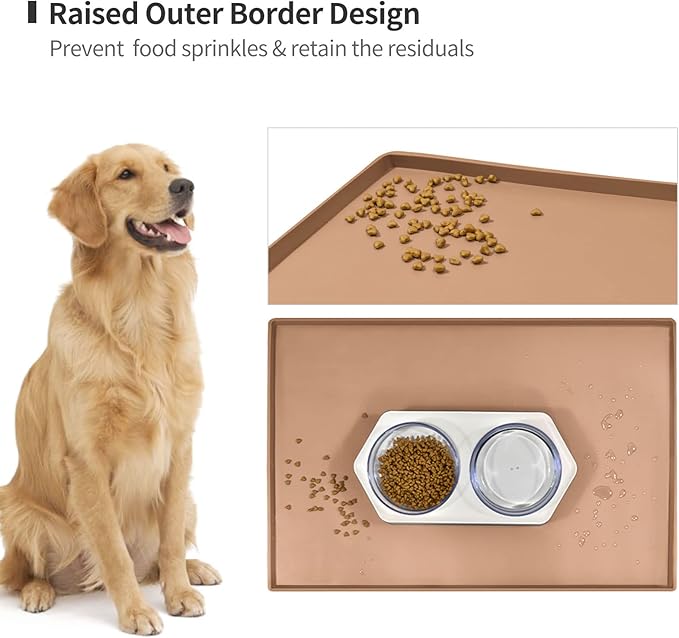 Dog Food Mat,Silicone Waterproof Food Tray,Non Slip Pet Bowl Mats Placemat,0.6" Raised Edge,Suitable for Most Small and Medium Sized Pets,24" x 16"