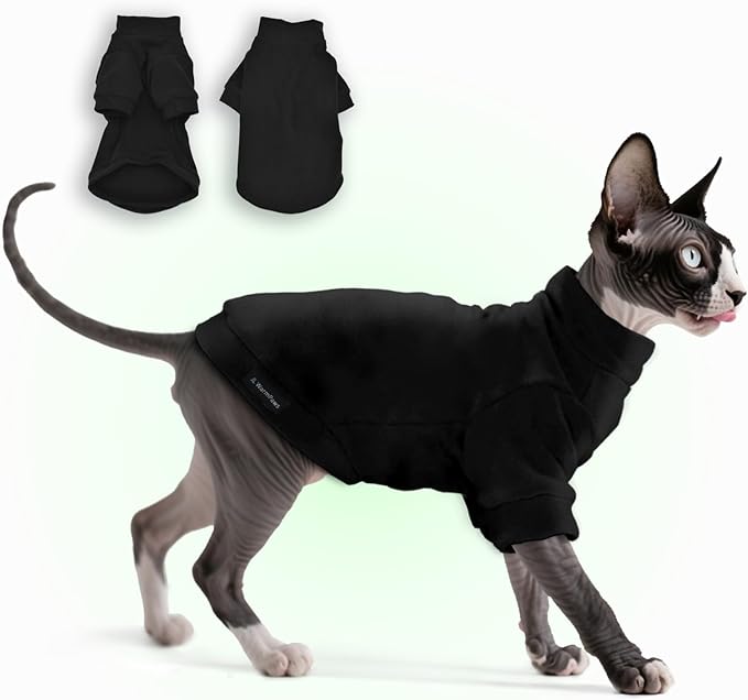 Fleece Sphynx Cat Clothes Soft Hairless Cat Clothes Pullover Cat Sweater for Chihuahua All Season Light and Warm Kitten Cloth for Cats Only Puppy Clothes Small Dog Sweater (Black, Medium)