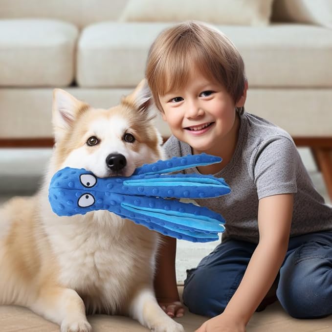Octopus Dog Toys, No Stuffing Crinkle Dog Toys for Aggressive Chewers, Durable Interactive Chew Toys for Small, Medium and Large Dogs Training and Reduce Boredom (Blue)