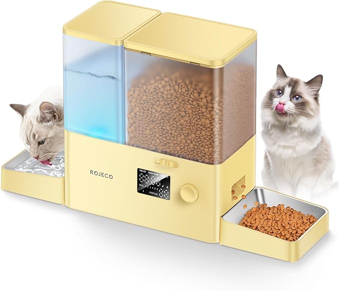 Rojeco 36Cups/8.5L Pet Automatic Cat Feeder and Gravity Water Dispenser,Stainless Steel Bowls 2-in-1 Set Large Capacity 5L Food Feeder and 3.5L Water Fountain for Cats,Pets,Small Dogs,Yellow