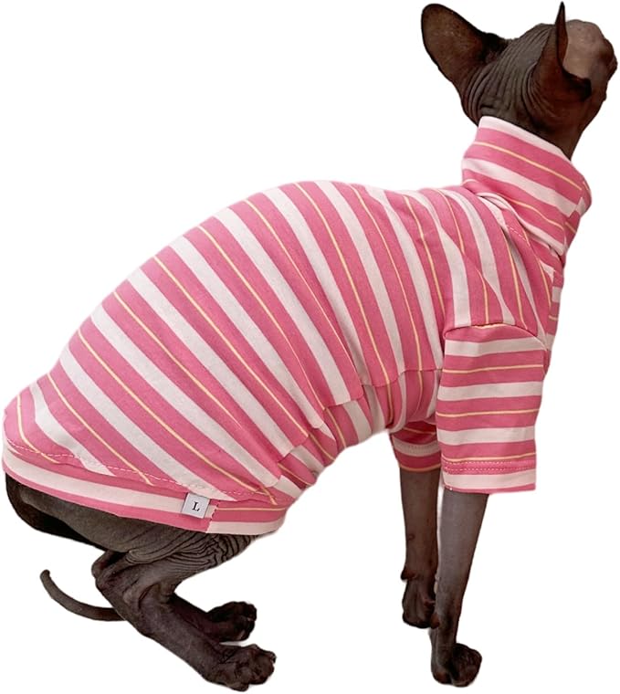 Vintage Stripes Sphynx Hairless Cats Shirt Cotton Cat Turtleneck Pet Clothes Kitten T-Shirts with Sleeves for Sphynx Cats (Sakura, Large)