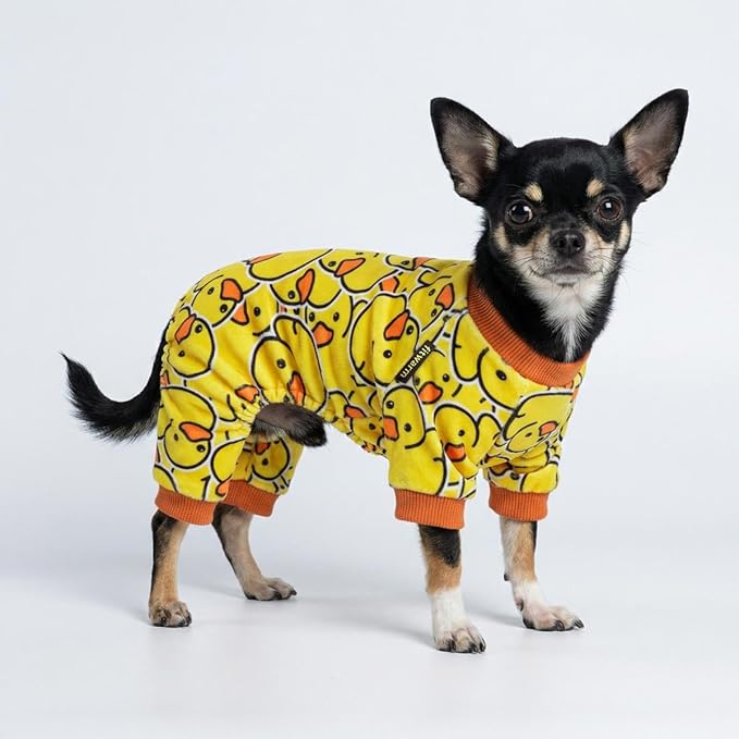 Fitwarm Funny Duck Dog Pajamas, Dog Winter Clothes for Small Dogs Girl, Lightweight Velvet Pet Jumpsuit, Cat Onesie, Yellow, XS