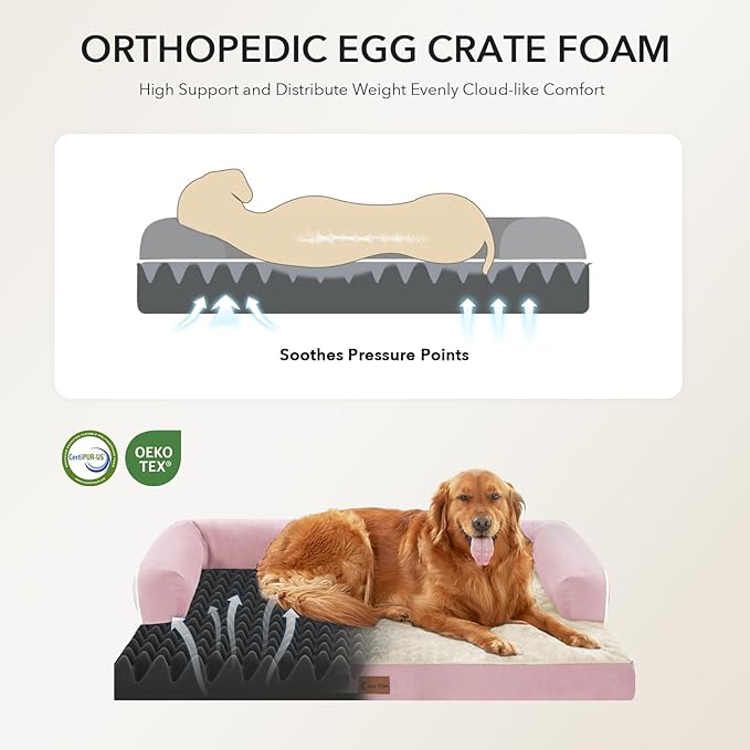 Orthopedic Dog Beds for Extra Large Dogs, Waterproof Egg Crate Foam XL Dog Bed with Sides 41x27Inch, Washable Big Dogs Couch Beds with Removable Cover and Nonskid Bottom, Pink